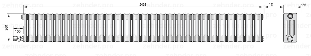 Схема (чертеж) Радиатор Zehnder Charleston 4026/53 №V004 Белый глянцевый RAL 9016
